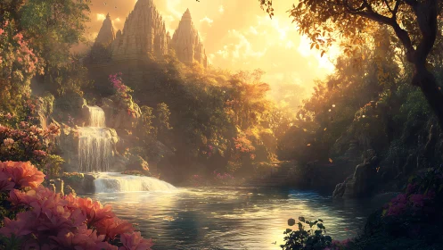 Sunlit fantasy temple valley with cascading waterfalls.