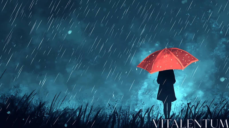 Solitary figure under red umbrella in stormy night rain.