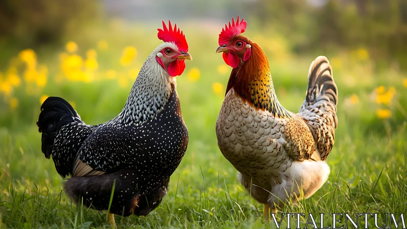 Two Heritage Breed Roosters in Spring Meadow.
