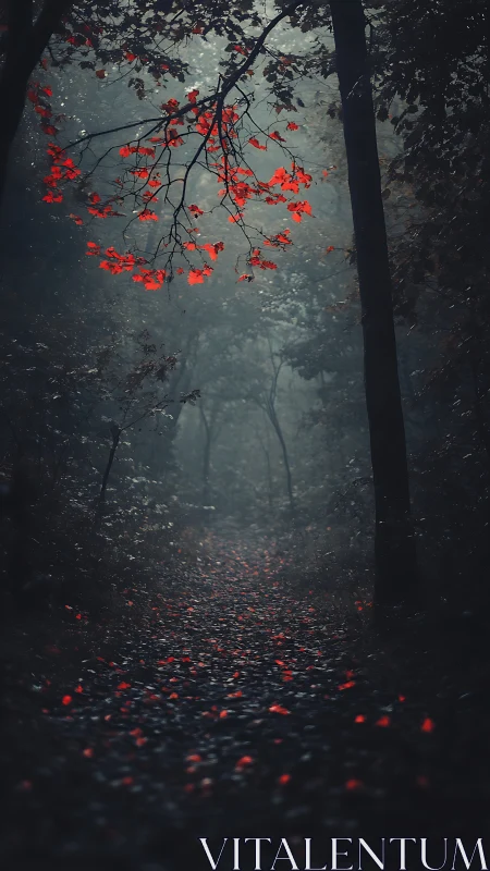 Crimson Foliage Path Through Moody Forest Mist.