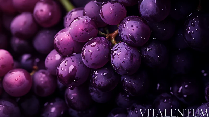 Macro closeup captures dewy purple grapes under moody light.