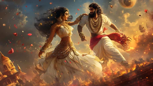 Mythic lovers racing through firelit celestial ruins.