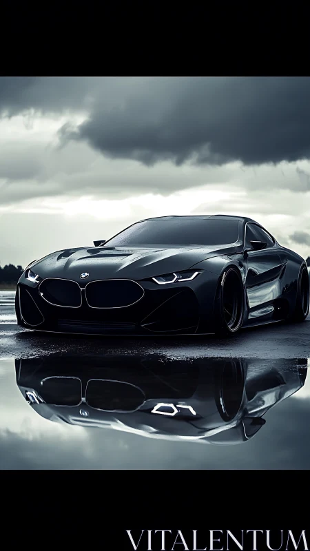 Storm-lit black BMW concept prowls beside mirror-still water.