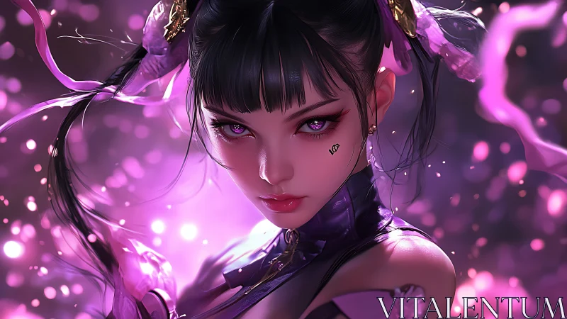 Purple-eyed warrior girl stares forward amid glowing petals