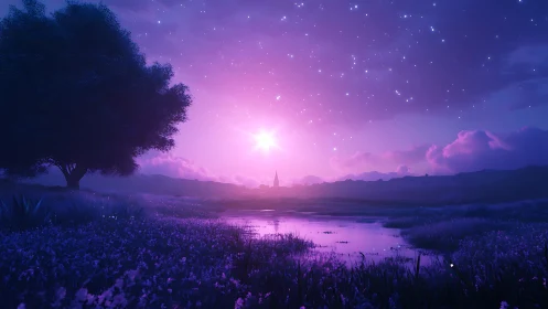 Twilight river dreams beneath a violet star-crowned sky.