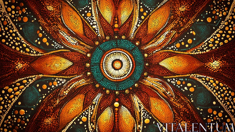 Radial mosaic pattern with warm petals and central circle.