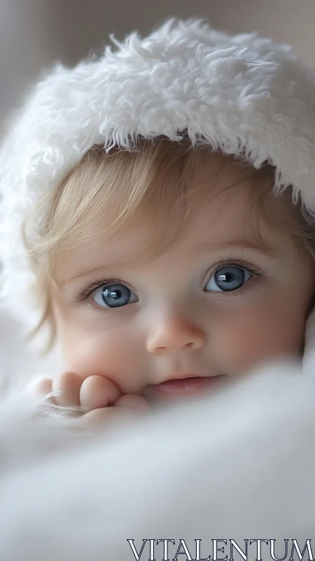 Ethereal Infant in Fluffy White Hat and Soft Wrapping.