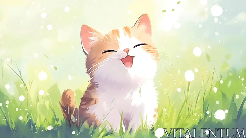 Radiant Whisker Symphony: Orange Tabby's Blissful Grin in Dreamy Meadow.
