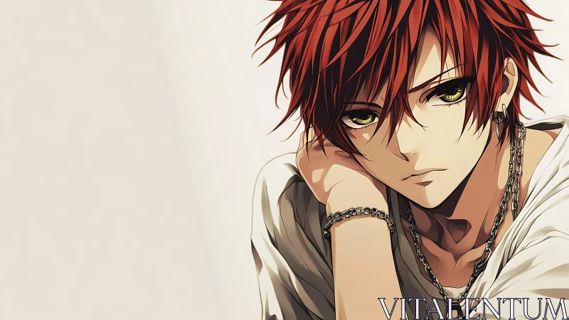 Brooding red‑haired anime youth with chained accessories and soft shading