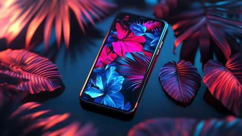 Modern smartphone with neon tropical leaves in vibrant digital art.