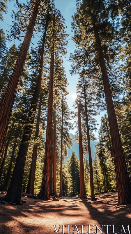 Towering forest giants under crisp backlit midday sun.