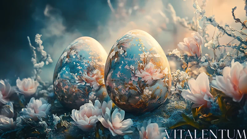 Floral porcelain eggs glow in a misty enchanted garden.