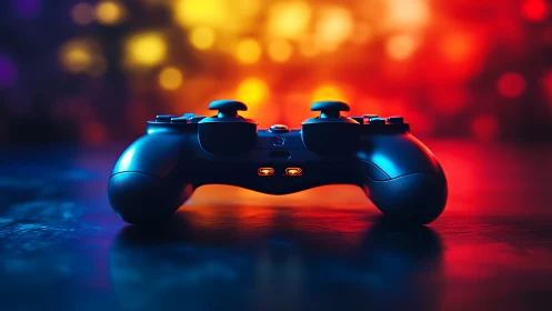 Black game controller on vivid orange and blue bokeh background.