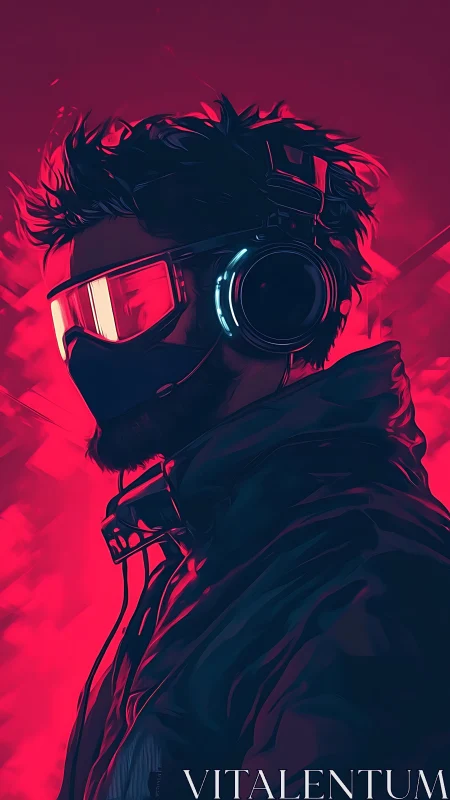 Neon-hooded urban rider in cyber visor and stormy glow.