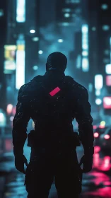 Neon rain crowns a lone cyber sentinel in midnight streets