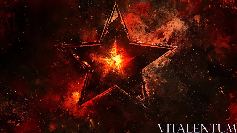 Burning red star erupts through dark textured void.