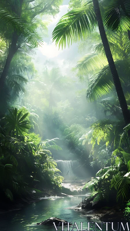 Misty Tropical Waterfall Sanctuary with Sunlit Palm Canopy