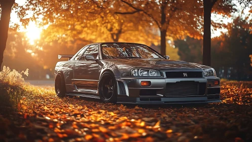 Sleek silver sports car resting in a glowing autumn forest.