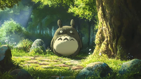 Forest spirit stands beneath dappled sunlight in clearing.