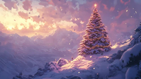 Winter twilight Christmas tree glowing over snowy peaks.