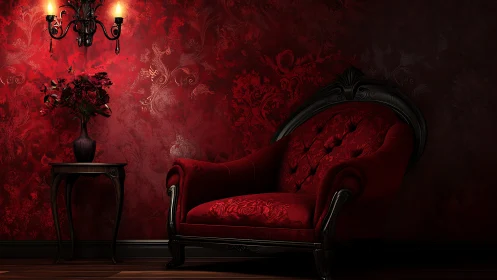Red velvet armchair in dark ornate vintage interior.