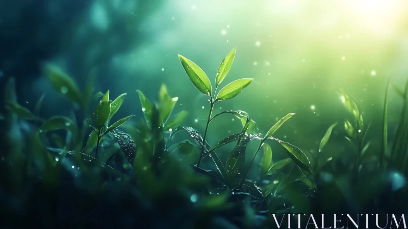 Young green plant leaves in soft glowing forest light.