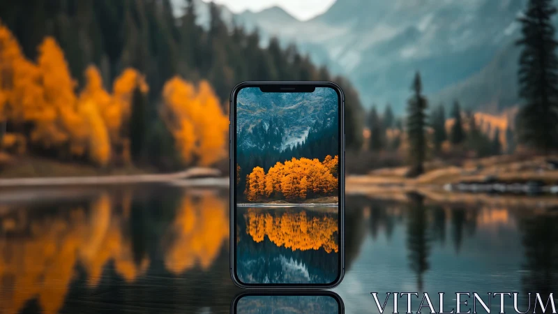 Photorealistic smartphone framing reflective autumn lake scene.