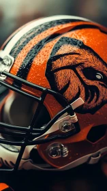 Rain-soaked orange football helmet captures gritty focus.