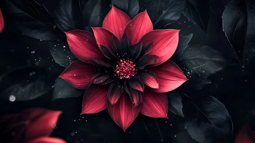 Red Lotus Blooming in Darkness with Magical Sparkles.