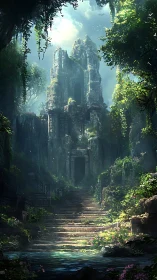 Digital painting of overgrown temple ascent in misted jungle.