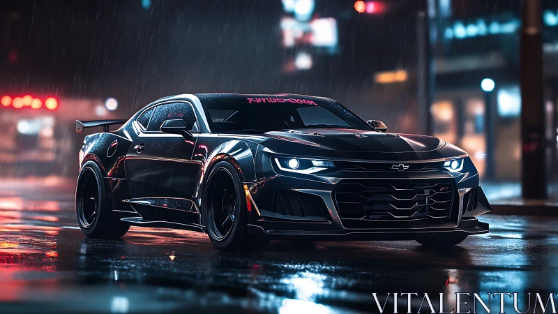 Black Camaro muscle car under neon rainlit city streets.