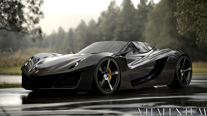 Sleek black hypercar on wet forest road at dawn.