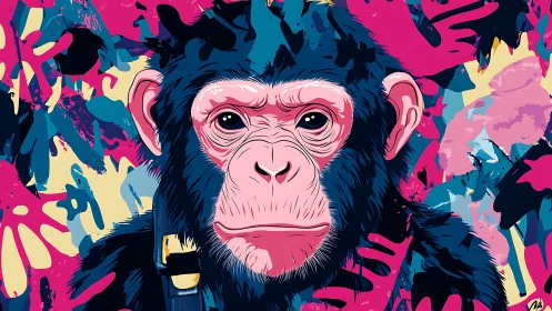 Pop art chimp portrait over bold abstract splatter field.