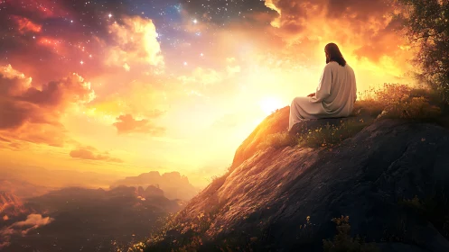 Figure in white robe on glowing cliff at dramatic sunset sky.