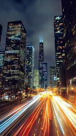 City lights and rushing traffic under a glowing night sky.