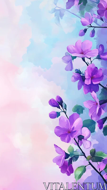 Purple Geranium Flowers Against Soft Pastel Sky