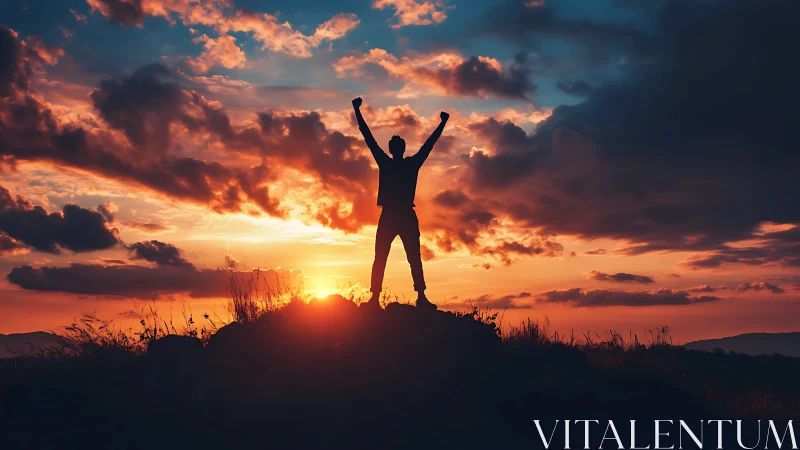 Sunrise-drenched silhouette declares victory to blazing clouds