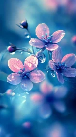 Delicate Pink Flowers with Dewdrops in Blue Light.