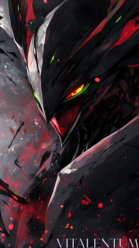 Cybernetic raven mech glares through crimson battle haze