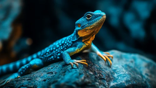 Chromatic lizard lounges like neon royalty on river stone