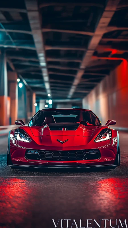 Aerodynamic red sports coupe under tunnel luminance study.