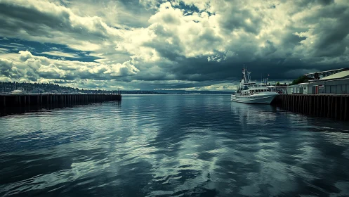 Storm-lit harbor water mirrors dramatic layered clouds.