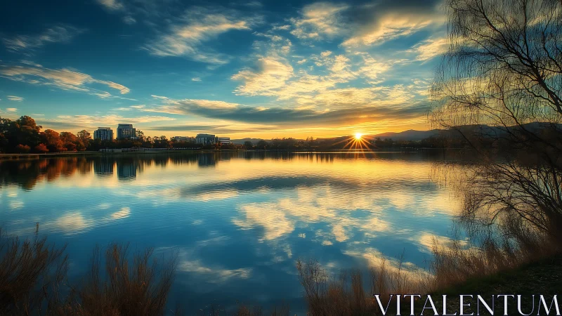 Urban lakeside sunrise with mirrored clouds over calm water.