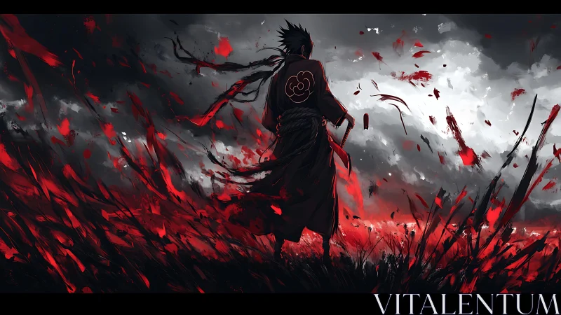 Storm-lit warrior strides through red-swept battlefield sky