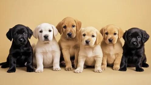 Puppy rainbow of labrador friends lined up in soft sunshine.