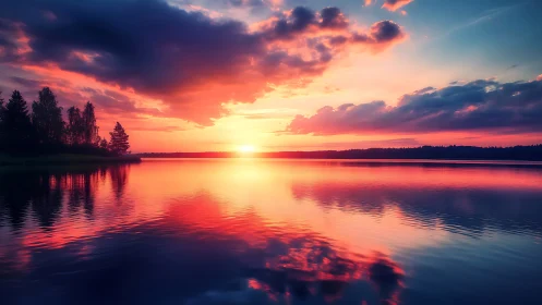 Sunset sky ignites tranquil lake with vivid mirror glow.
