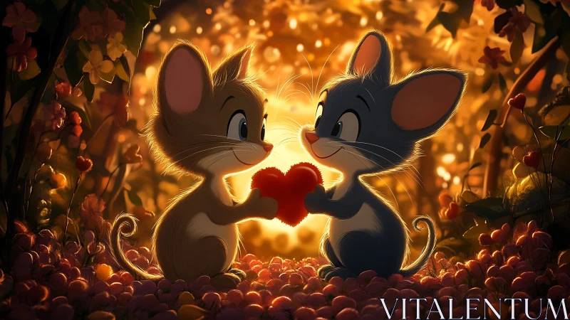 Two animated mice exchange luminescent heart shape within warm bokeh and floral ambient environment