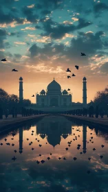 Golden hour serenity over a tranquil Taj Mahal reflection.