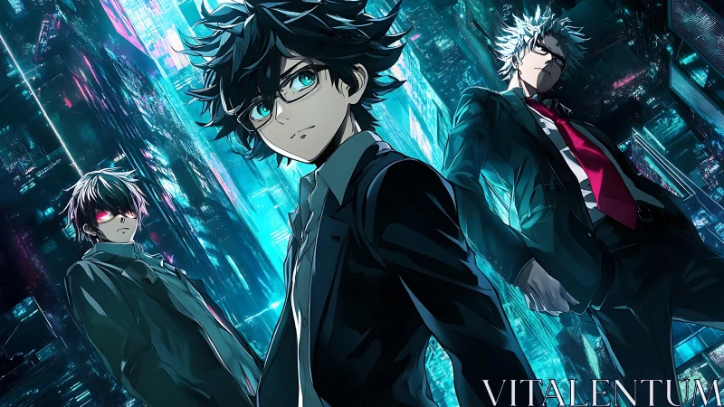 Cyberpunk anime trio in neon-lit skyscraper canyon at night