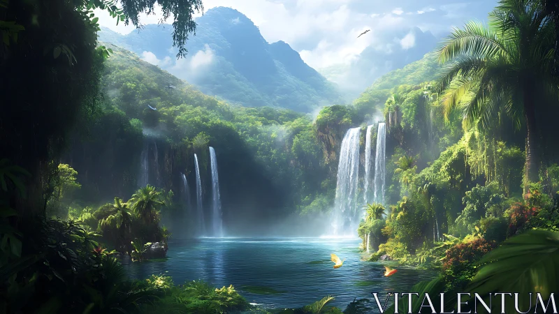 Lush tropical valley contains tiered waterfalls and lake